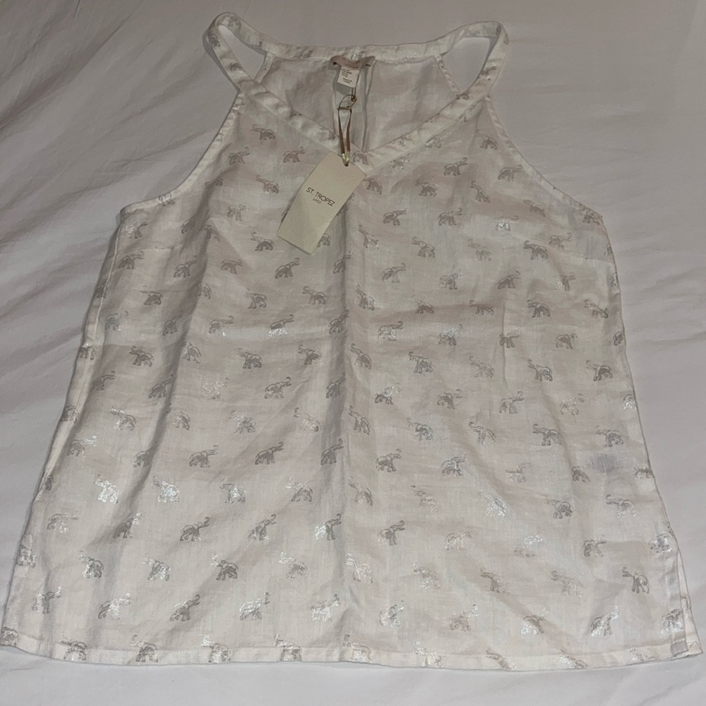 NWT St. Tropez West 10% linen shirt with metallic silver elephant print.